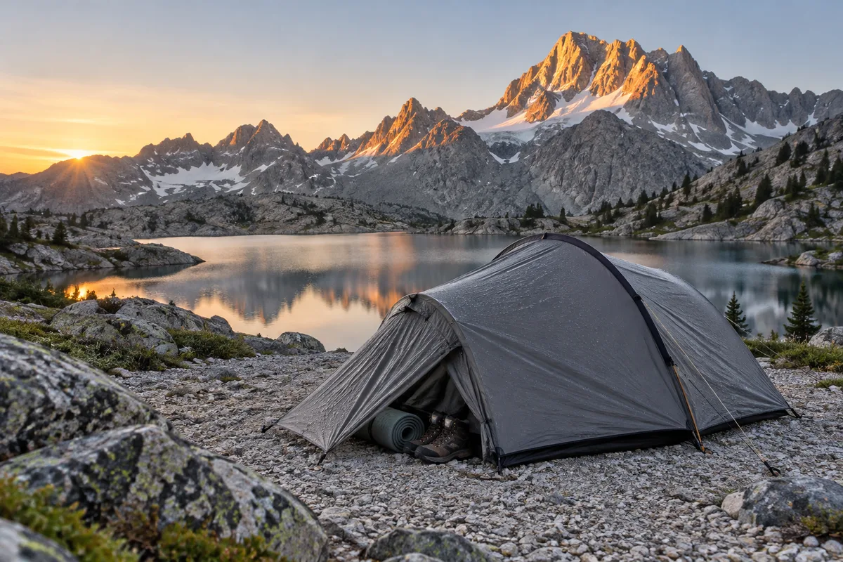 Tente compacte grise montée sur un replat de graviers en retrait d’un lac d’altitude au lever du jour
