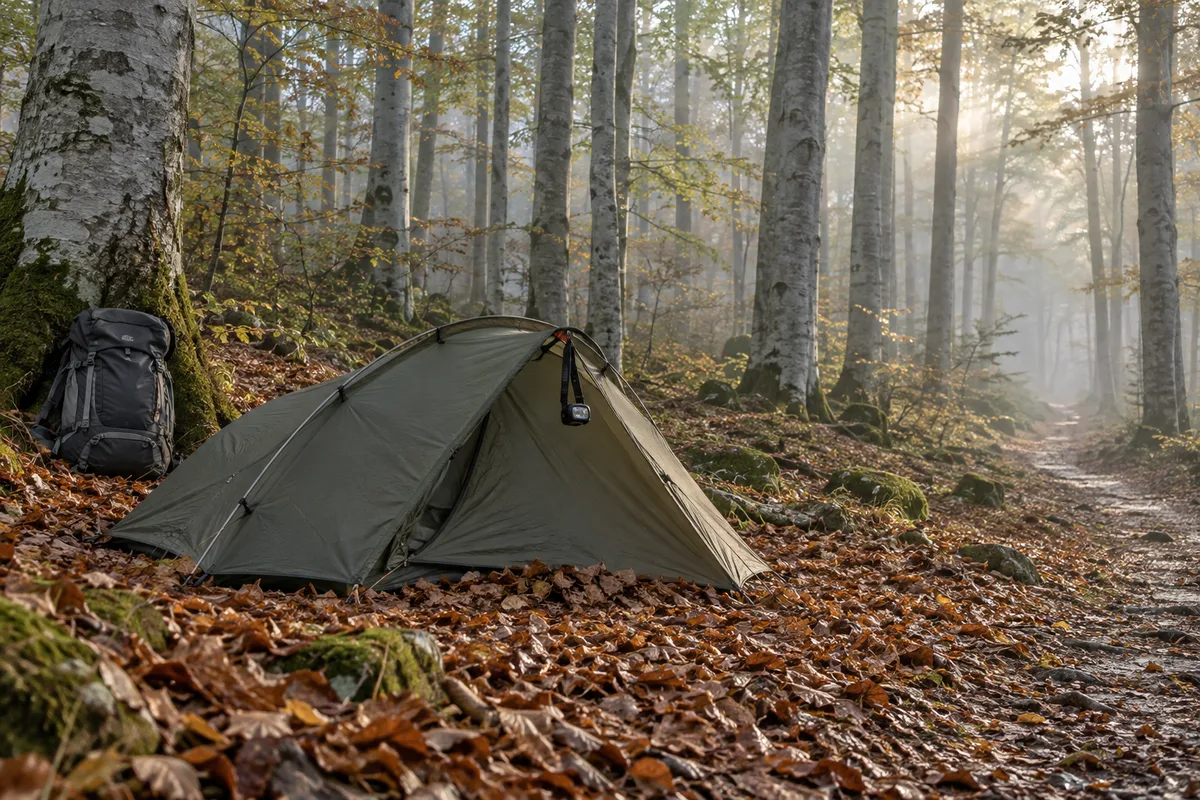 Petite tente kaki montée en lisière d’un sentier forestier dans une hêtraie au petit matin