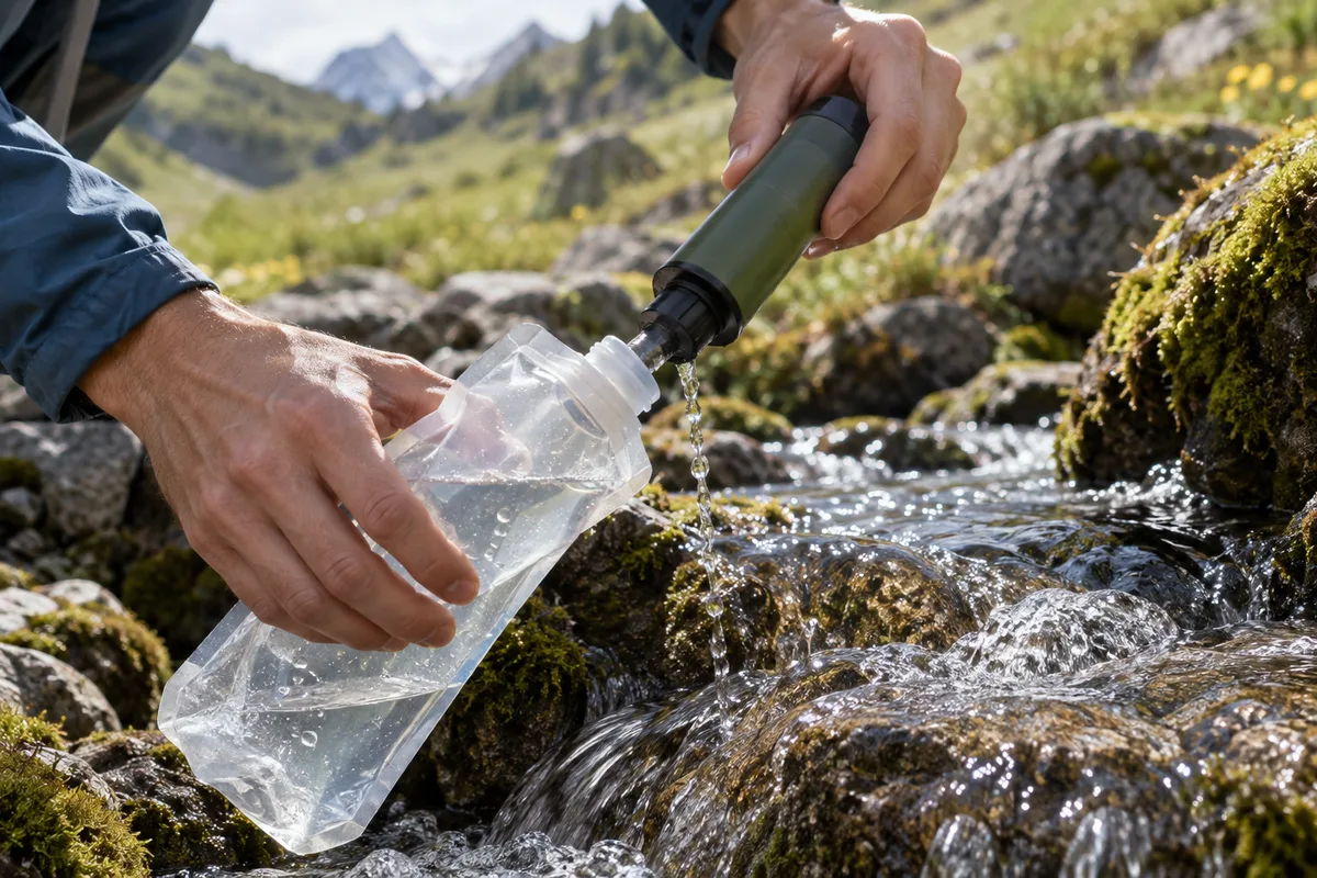 Mains qui filtrent l’eau d’un torrent de montagne dans une gourde souple pour le bivouac