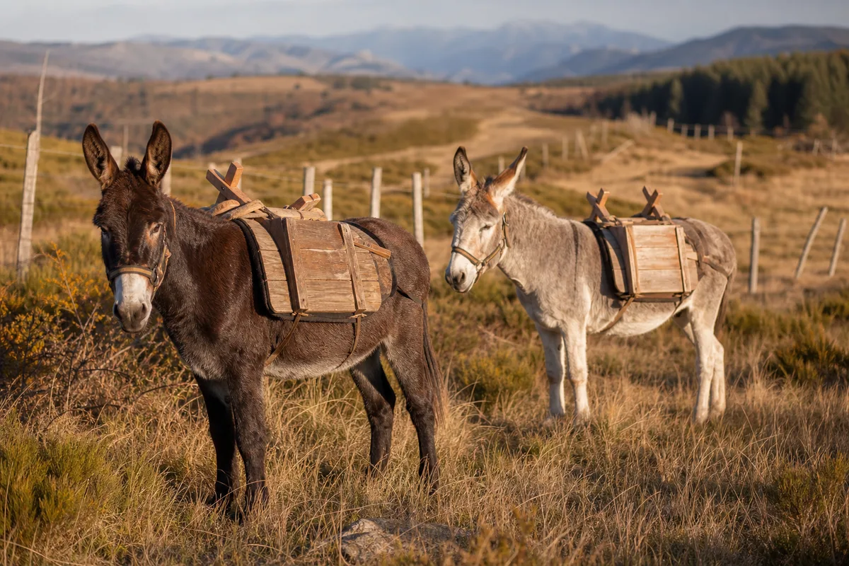 Ânes de bât au pré dans la campagne cévenole en automne