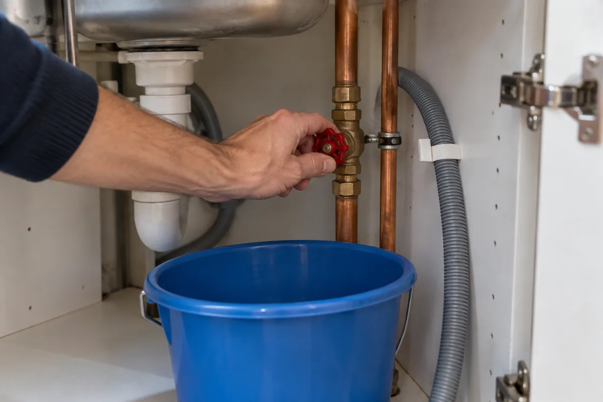 Main qui ferme la vanne d&rsquo;arrêt d&rsquo;eau sous l&rsquo;évier avant une longue absence