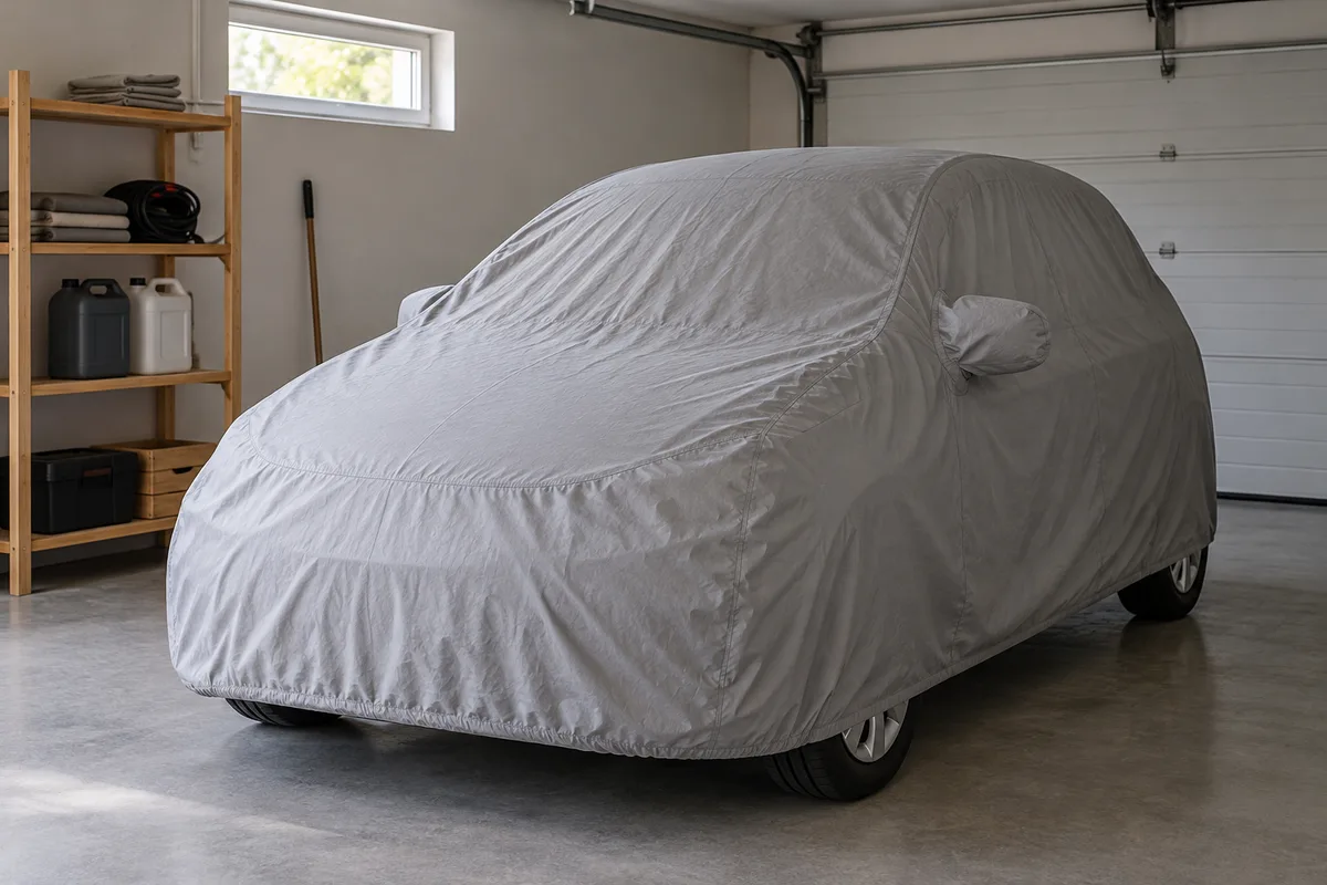 Voiture couverte d&rsquo;une housse grise dans un garage privé pendant un long voyage