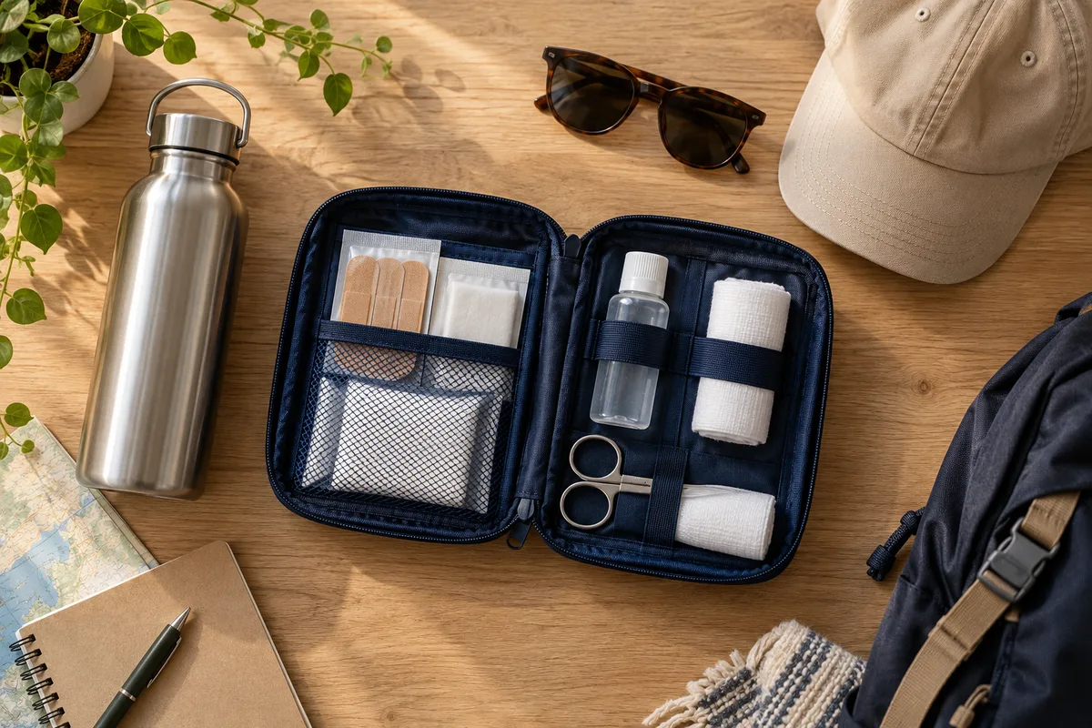 Trousse de soins de voyage ouverte sur une table avant un départ de plusieurs mois